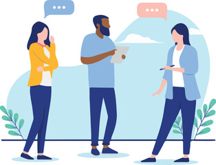 People working together - Small diverse group of businesspeople in casual clothing standing up and having a meeting. Flat design vector illustration with white background