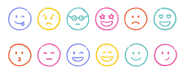 Crayon emoji face doodle set. Chalk icons with emotions, hand drawn kids smile in sketch style. Vector illustration isolated on white background
