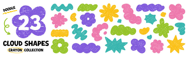 Crayon blob shapes doodle set. Abstract cloud forms and organic groovy figures in sketch style, grunge chalk texture. Hand drawn vector illustration isolated on white background