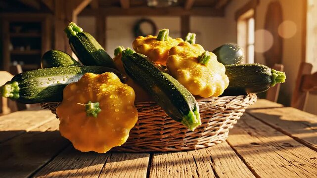 Freshly Harvested Summer Squash And Zucchini Displayed In Basket On Rustic Wooden Table