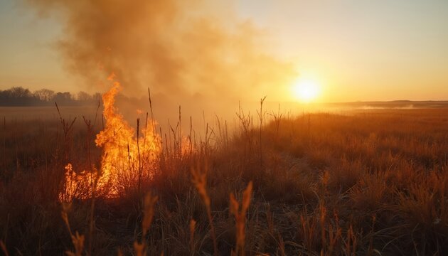 Prescribed fire burns dry grass fields at sunrise. Smoke rises over prairie landscape. Controlled burn clears vegetation for regrowth. Nature restoration ecology scene.