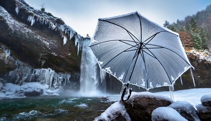 frozen umbrella covered with snow and icicles near waterfall