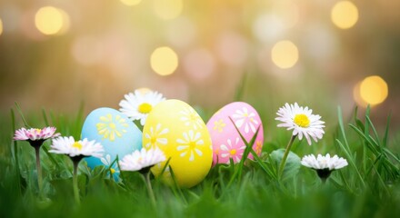 Fototapeta premium Colorful Easter eggs nestled in grass with daisies and soft evening bokeh