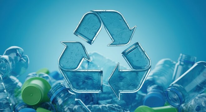 Recycling symbol floating above plastic bottles on blue background with copyspace