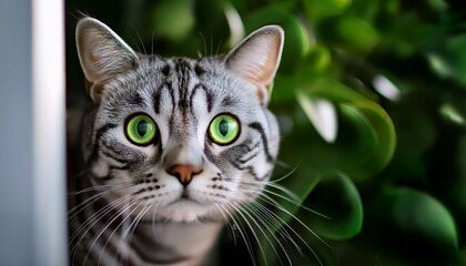 close up of curious american shorthair cat peeking out with bright green eyes animal curiosity
