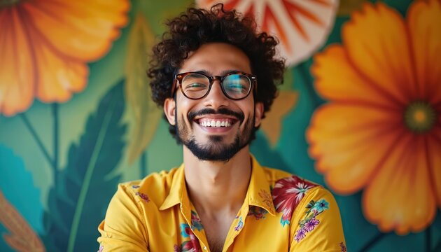 Happy Latin man smiles in portrait. He wears yellow floral shirt and glasses. Person with beard and curly hair poses. Floral art on the wall at the background. Handsome latino guy looking at camera.