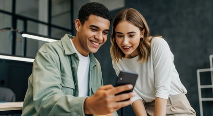 Young colleagues smiling and looking at smartphone together in modern office