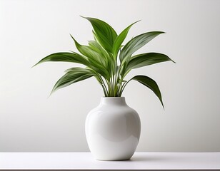 green plant in modern white vase on white background