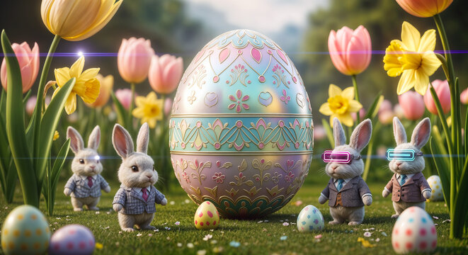 Ostern: Futuristische Osterhasen mit VR-Brillen und gro&szlig;em Osterei in fr&uuml;hlingshafter Blumenwiese.