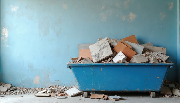 Photo of a blue skip container filled with construction debris. Inside the container are tiles plasterboard and various waste materials. The background is a blue wall.