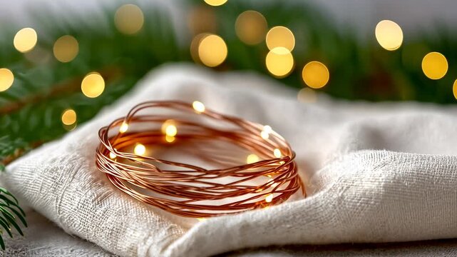 Glowing copper wire on cozy fabric with festive lights and greenery in background