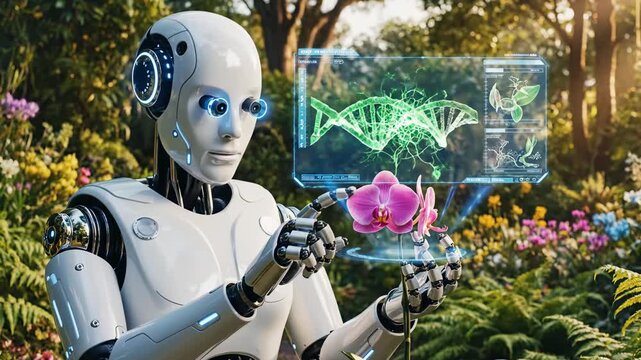 In a beautiful garden filled with colorful flowers, a robot examines plants and their growth patterns. It carefully analyzes data, showcasing harmony between nature and technology.