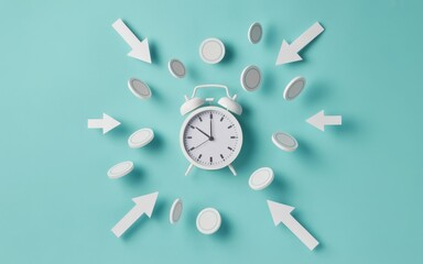 A white alarm clock surrounded by white arrows and coins on a teal background viewed from directly above.