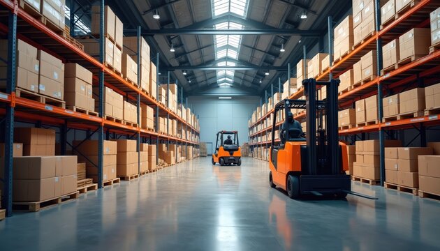 Warehouse with boxes on shelves. Forklifts operate inside storage facility. Logistics distribution center full of packed products ready for delivery. Shipping, transportation concept. 3PL provider