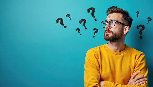 Man with glasses wears yellow sweater arms crossed, looking pensive with drawn question marks around his head. He appears confused, pondering life choices or seeking answers. Blue background.