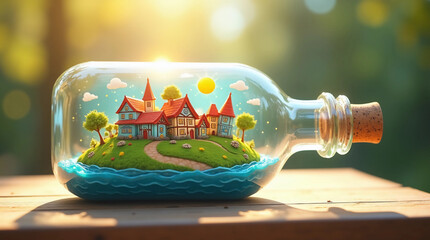 Whimsical Mini Village in Glass Bottle with Sun Meadow