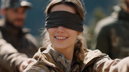 Employees participating in a trust-building activity, where one person is blindfolded while their teammates guide them through an obstacle course, fostering communication and teamwork in an outdoor