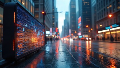 City street at night with screen displaying data. Buildings line road under rainy sky. Blurred lights reflect on wet pavement. Modern tech merges with urban life.
