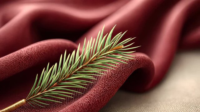 Evergreen pine needle on luxurious red fabric with gentle movement reflections