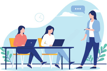 Woman teaching women - Teacher running a course for clients. Business training concept. Flat design vector illustration with white background.