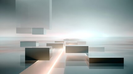 Abstract 3d composition creating an immersive digital landscape with floating geometric shapes, illuminating a reflective surface as a futuristic pathway towards the horizon