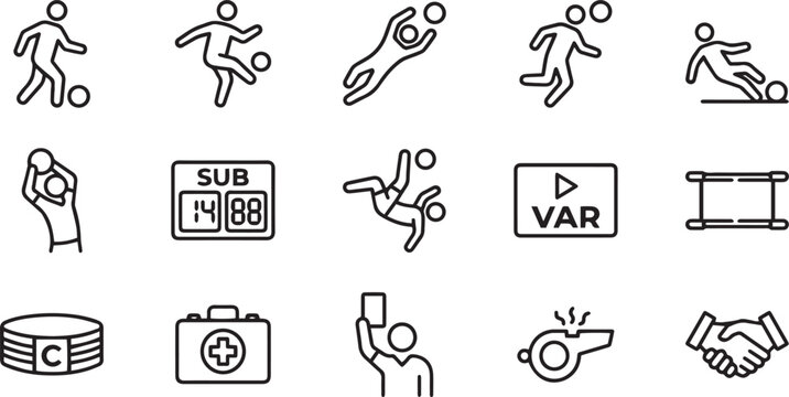 Soccer players and match events outline icon set showing action goalkeeper throw in substitution and video review