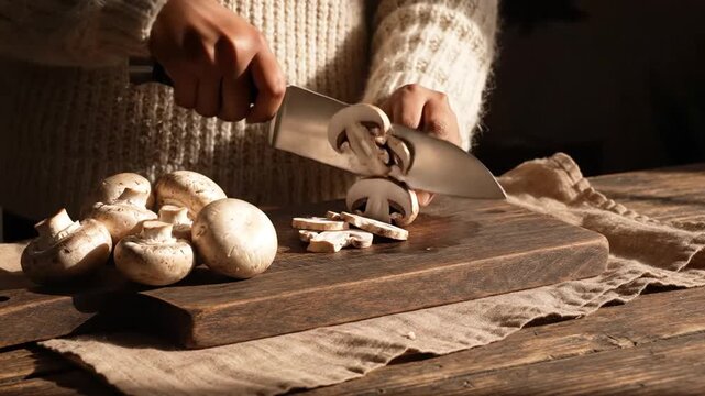 Mushroom Preparation Close Up Slicing Agaricus on Wooden Board At Rustic Kitchen