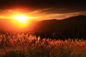 朝焼けに染まる山並み