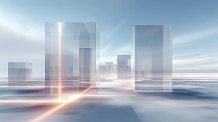 Abstract futuristic city with transparent glass structures and glowing lines, depicting a digital data network and virtual world concepts against a soft sky background