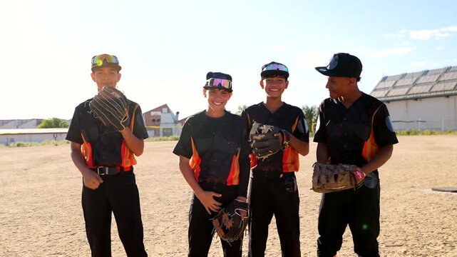 Young baseball players posing together on a sunny day