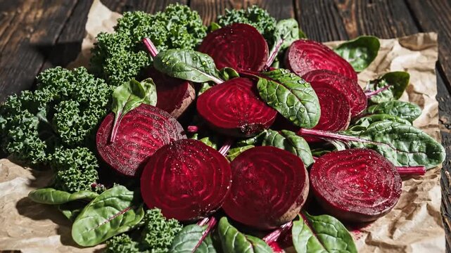 Nutritious And Vibrant Sliced Beets With Fresh Greens Displayed On Rustic Wood Table