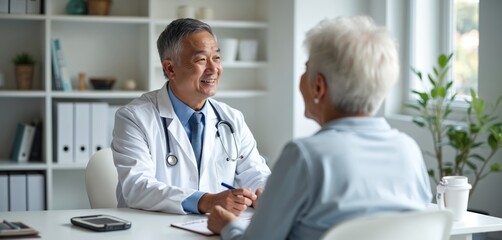 Fototapeta premium Asian doctor consults elderly woman patient in clinic office. Physician smiles, explains procedure, female senior listens attentively at desk. Health care consultation, medical visit.