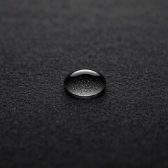 A singular water droplet rests on a rough, dark surface, catching the light and displaying perfect clarity and simplicity