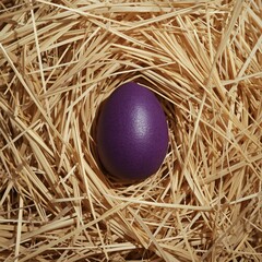 A single purple egg resting in a nest made of straw. The egg is smooth and vibrant, nestled among the dry straw