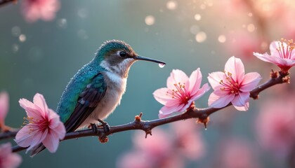 Fototapeta premium Tiny hummingbird rests on pink cherry blossom branch after rain. Small bird drinks dewdrop from flower petal. Nature delicate beauty unfolds in springtime garden.