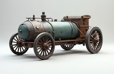 Fototapeta premium Illustration of Cagnot steam cart the first automobile. This vintage vehicle features large wooden wheels and a cylindrical boiler. The historic automobile is isolated on a white background.