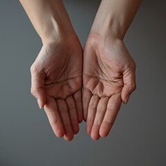 A close-up view of two open hands with a plain background. The palms are facing upwards, and the fingers are slightly curved