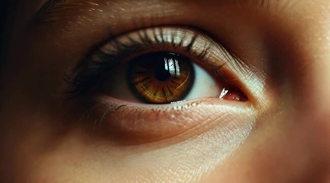 A human eye opens in a macro shot, showing hazel brown iris, eyelashes, pores, and a tear. A rectangular reflection sits in the pupil. Warm soft light and shallow depth show micro moves.