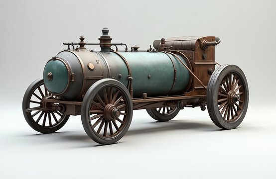 Illustration of Cagnot steam cart the first automobile. This vintage vehicle features large wooden wheels and a cylindrical boiler. The historic automobile is isolated on a white background.