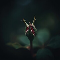 A close-up shot of a delicate rose bud, showcasing its intricate details and the promise of unfolding beauty. The deep green and red hues create a captivating visual