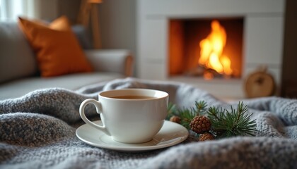 Fototapeta premium White cup of tea sits on soft blanket near lit fireplace. Pine sprigs with cones add festive touch. Cozy warm atmosphere for cold winter day.