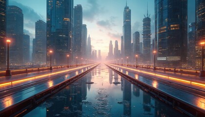 Illustration of a futuristic city with tall skyscrapers at dusk. Artificial lights illuminate the urban landscape and road reflecting on water. Sci-fi art shows a technological metropolis.