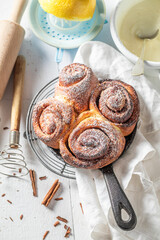 Traditionally cinnamon buns with cocoa and sugar. Christmas snack.