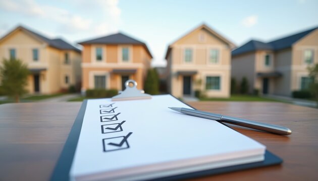 Checklist for home purchase decisions real estate market. Pen rests on clipboard with checked boxes against backdrop of modern suburban houses. Image visualizes planning property ownership, making