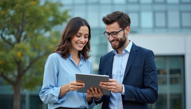 Business colleagues review tablet device screen. Smiling man, woman collaborate on project outside modern building. Happy pro people teamwork partnership outside office. Team discussing work outdoors. - Powered by Adobe