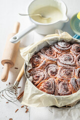 Traditionally cinnamon rolls with cocoa and sugar. Swedish delicacy.