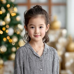 Cute young girl portrait with festive holiday background and soft lighting
