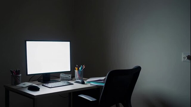 A video shows a dark office space with a computer and chair in a quiet atmosphere.