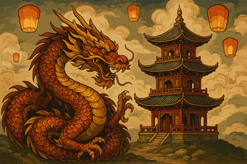 Obraz premium Majestic dragon and traditional pagoda at night with lanterns in vintage style