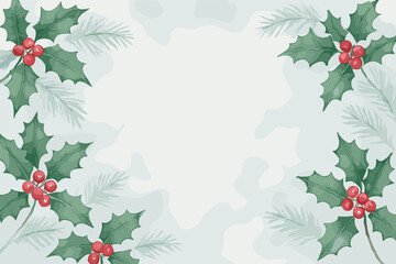 Festive holly and pine leaves frame design with red berries on light background
